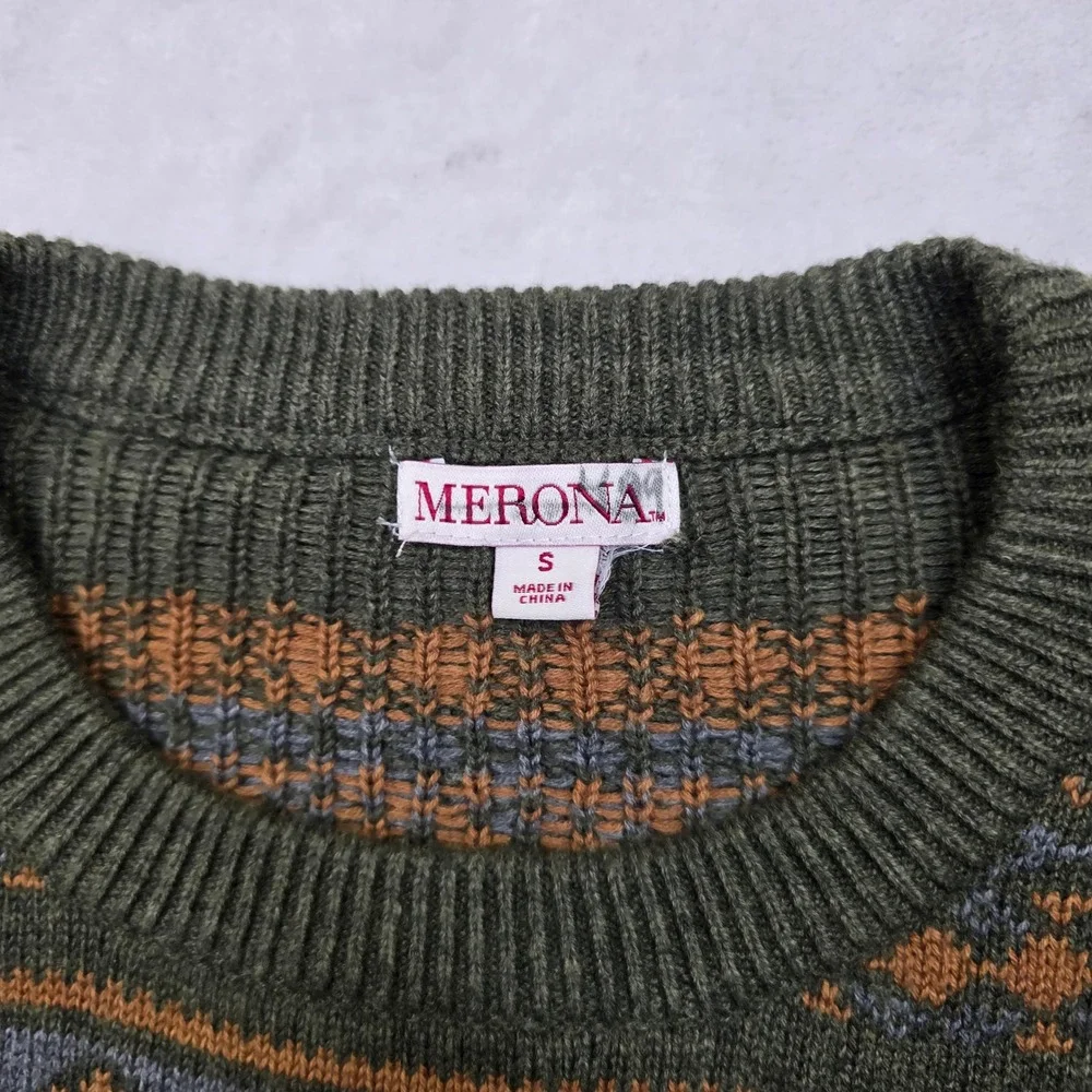Merona Fair Isle Crewneck Sweater Mens Small Green Orange Blue‎ NEW